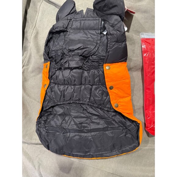 Space Lion Dog Winter Coat L Black & Orange Puffer Jacket With Hood Snap Buttons - Picture 3 of 7